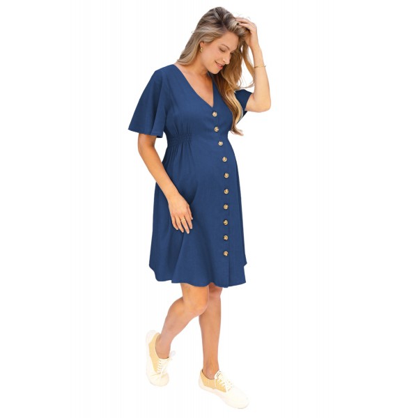 Blue Flutter Sleeve V Neck Buttoned Maternity Dress