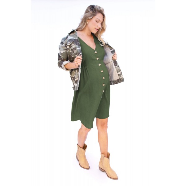 Army Green Flutter Sleeve V Neck Buttoned Maternity Dress