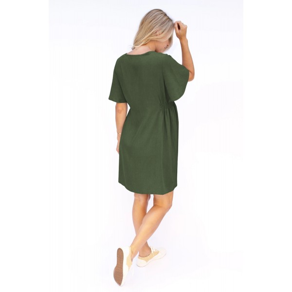Army Green Flutter Sleeve V Neck Buttoned Maternity Dress