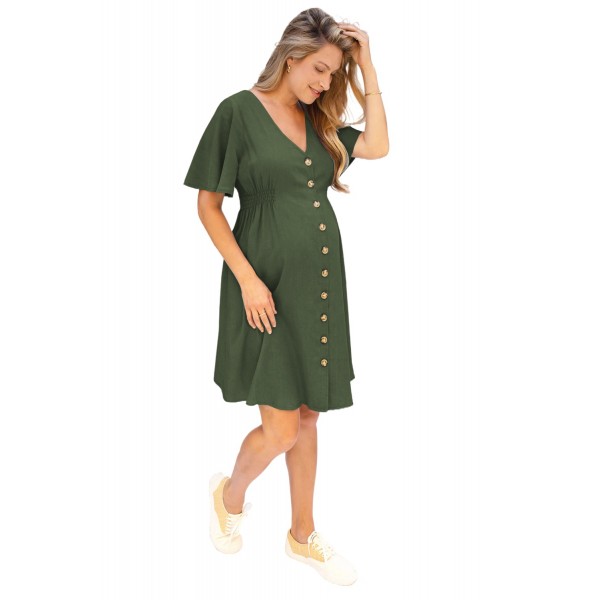 Army Green Flutter Sleeve V Neck Buttoned Maternity Dress