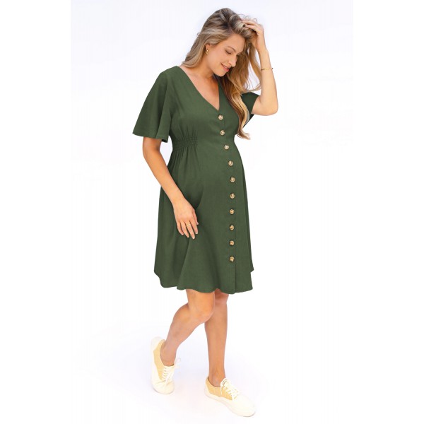 Army Green Flutter Sleeve V Neck Buttoned Maternity Dress