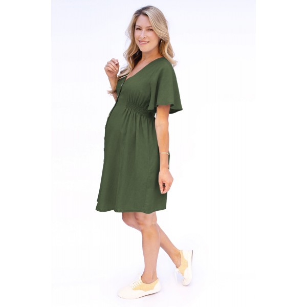 Army Green Flutter Sleeve V Neck Buttoned Maternity Dress