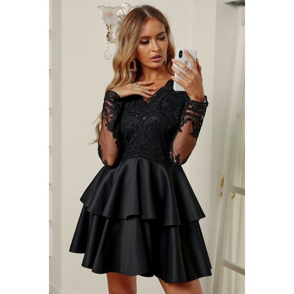 Black Sequin Embroidered Multilayer Skater Dress