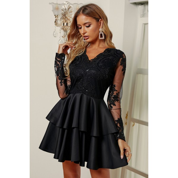 Black Sequin Embroidered Multilayer Skater Dress