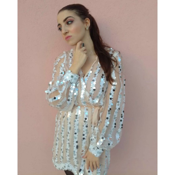 Apricot Sequin Surpliced Wrap Deep V Neck Party Mini Dress