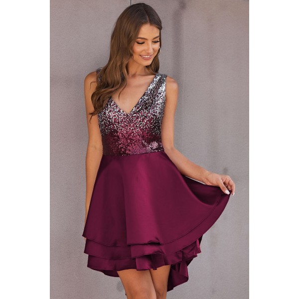 Red Ombre Sequin Multi Layer Skater Dress