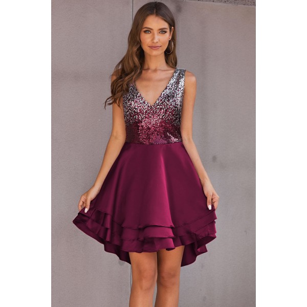 Red Ombre Sequin Multi Layer Skater Dress
