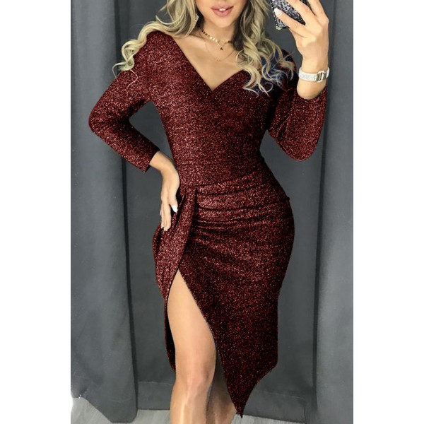 Red Glitter Ruched Thigh Slit Party Metallic Dress