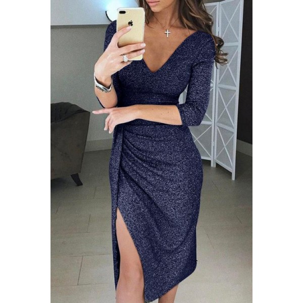 Blue Glitter Ruched Thigh Slit Party Metallic Dress
