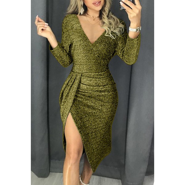 Green Glitter Ruched Thigh Slit Party Metallic Dress