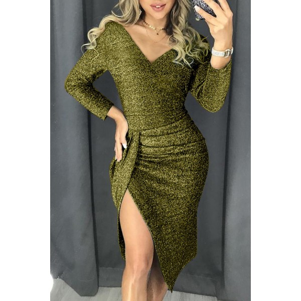 Green Glitter Ruched Thigh Slit Party Metallic Dress