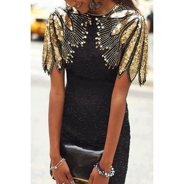 Black Sequin Shoulder Cocktail Party Dress