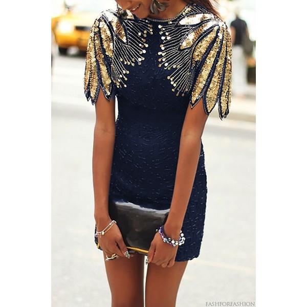 Blue Sequin Shoulder Cocktail Party Dress
