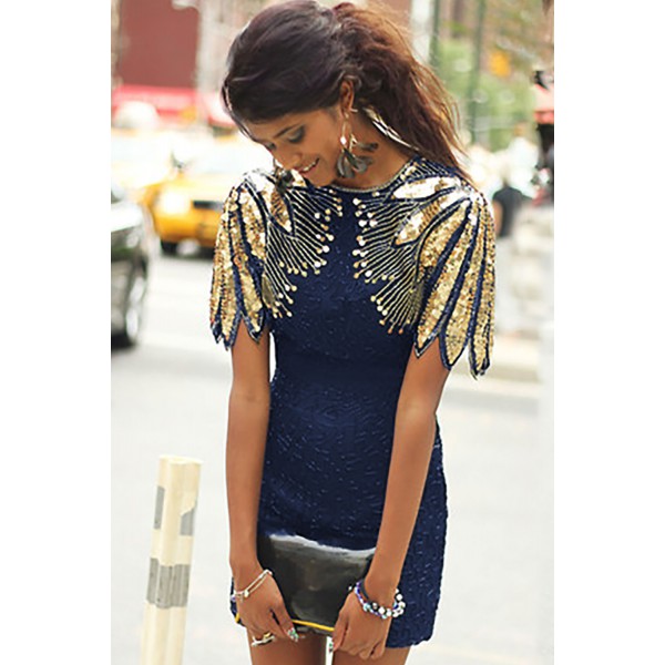 Blue Sequin Shoulder Cocktail Party Dress