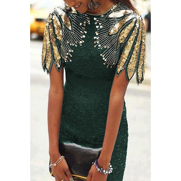 Green Sequin Shoulder Cocktail Party Dress