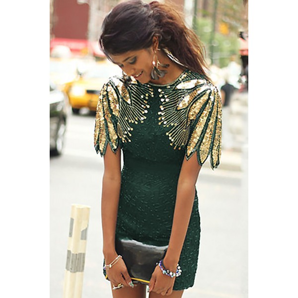 Green Sequin Shoulder Cocktail Party Dress
