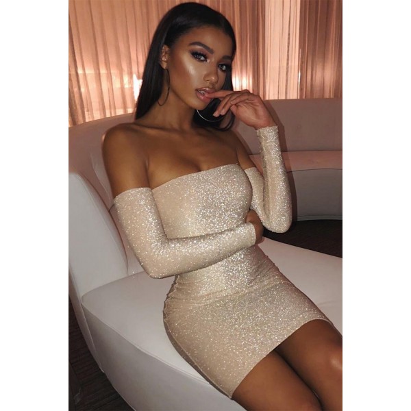Apricot Sparkle Off Shoulder Party Dress