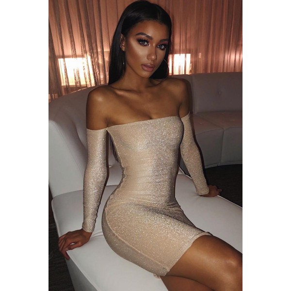 Apricot Sparkle Off Shoulder Party Dress