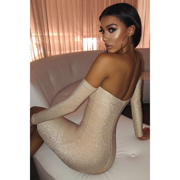 Apricot Sparkle Off Shoulder Party Dress