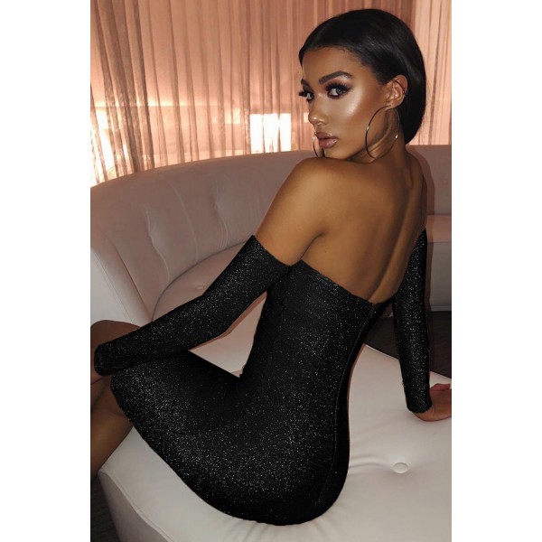 Black Sparkle Off Shoulder Party Dress