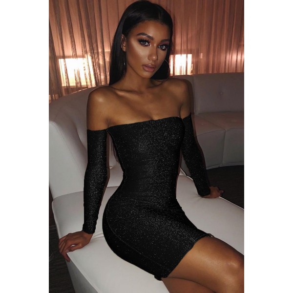 Black Sparkle Off Shoulder Party Dress