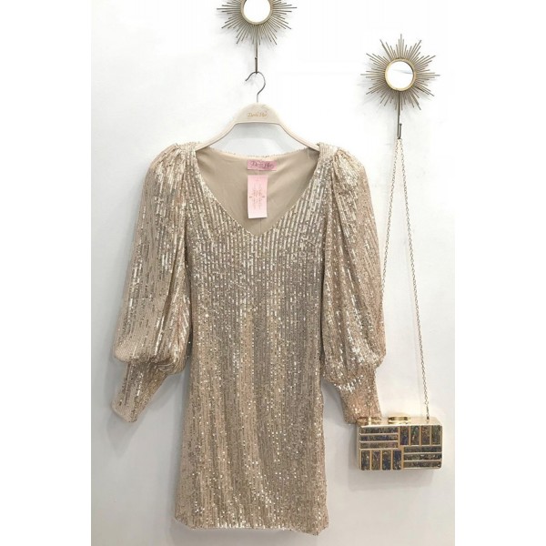 Apricot Metallic Puffy Sleeves Sequin Dress