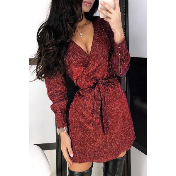 Red Wrap Metallic Dress with Belt