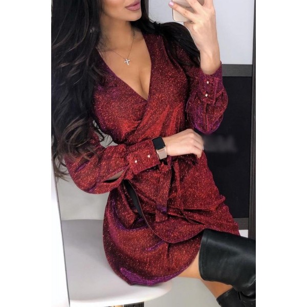 Red Wrap Metallic Dress with Belt