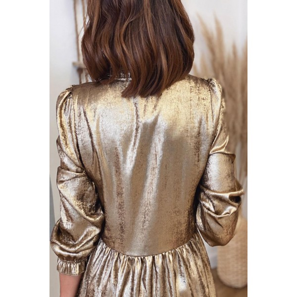 V Neck Ruffle Design Gold Mini Dress