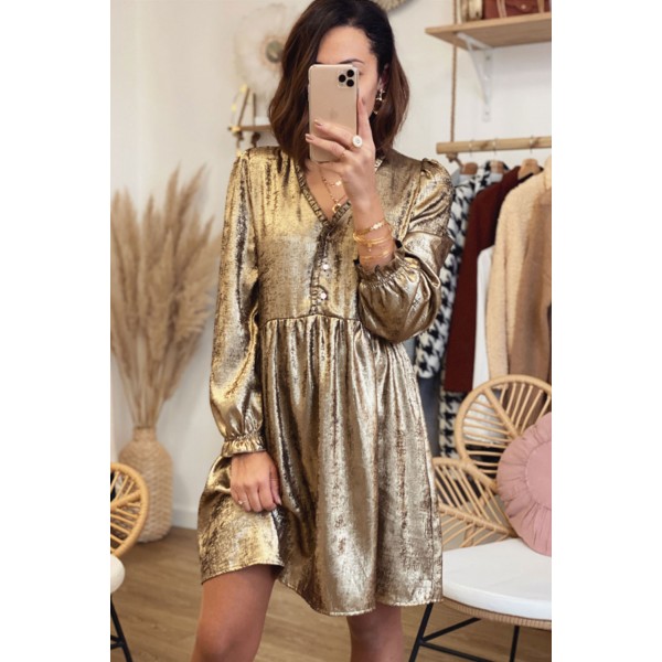 V Neck Ruffle Design Gold Mini Dress