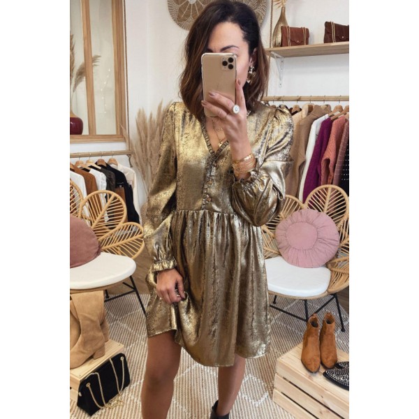 V Neck Ruffle Design Gold Mini Dress
