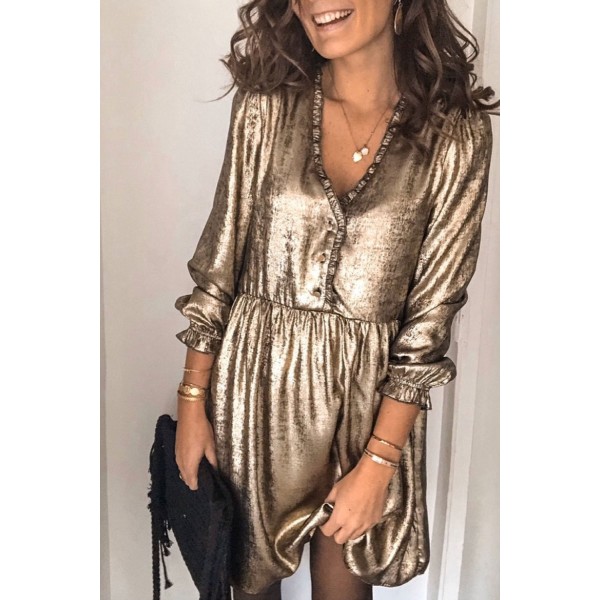 V Neck Ruffle Design Gold Mini Dress