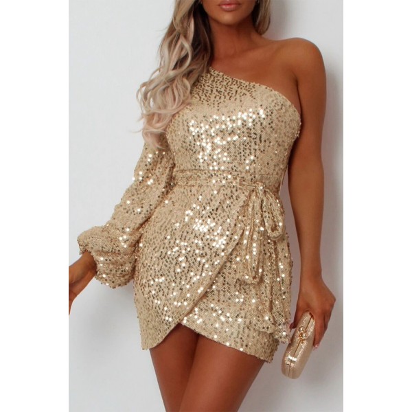 Apricot One-shoulder Lantern Sleeve Sequins Tied Waist Mini Dress