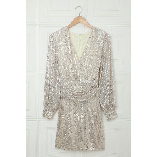 Apricot Deep V Neck Lantern Sleeve Sequin Dress