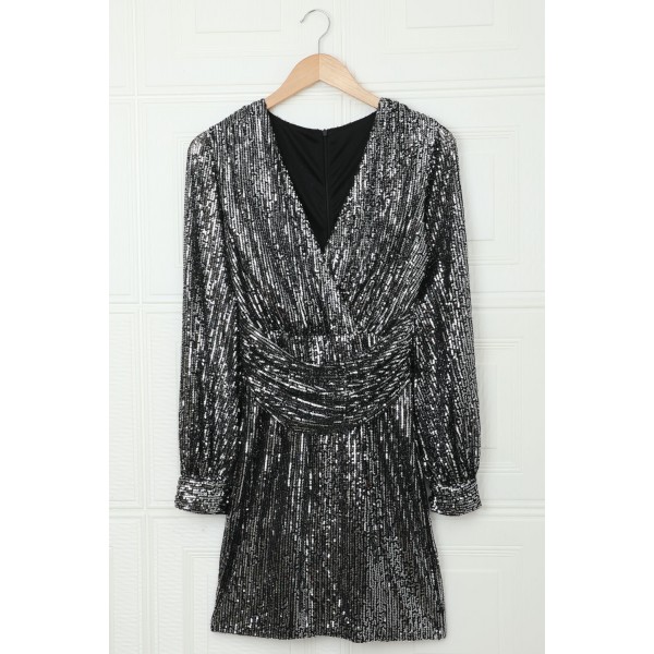 Black Deep V Neck Lantern Sleeve Sequin Dress