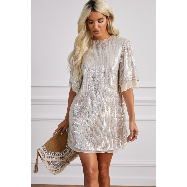 Silvery Sequin Shift Mini Dress