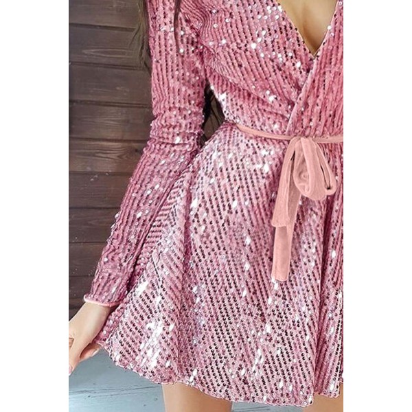 Pink Sequin Deep V Long Sleeve Evening Dress with Waist Tie