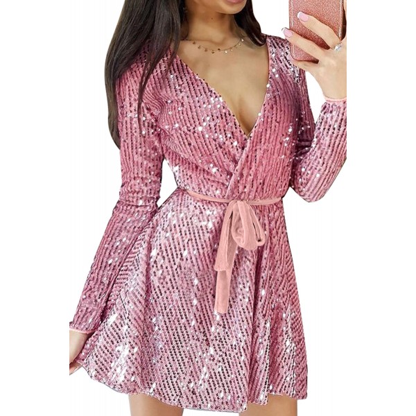 Pink Sequin Deep V Long Sleeve Evening Dress with Waist Tie