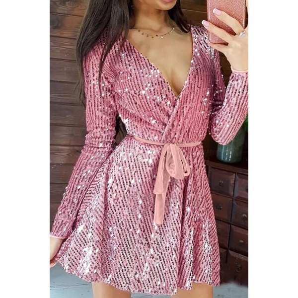 Pink Sequin Deep V Long Sleeve Evening Dress with Waist Tie