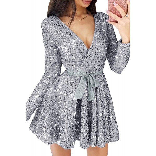 Gray Sequin Deep V Long Sleeve Evening Dress with Waist Tie