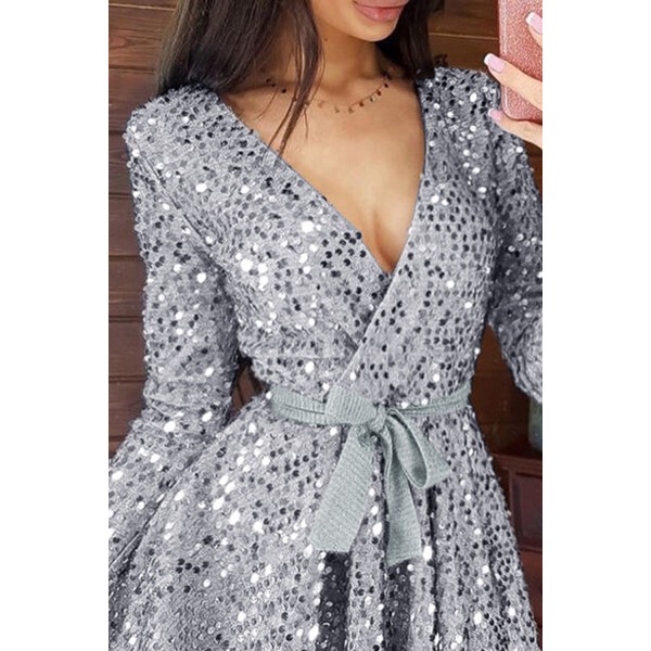 Gray Sequin Deep V Long Sleeve Evening Dress with Waist Tie