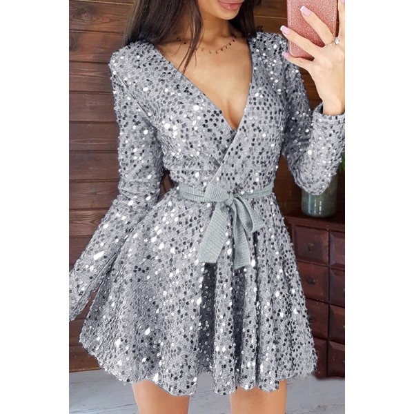 Gray Sequin Deep V Long Sleeve Evening Dress with Waist Tie
