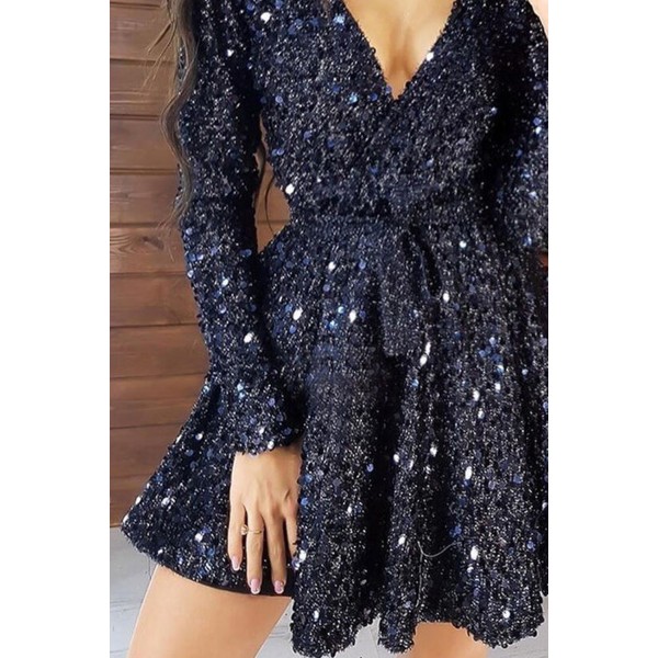 Black Sequin Deep V Long Sleeve Evening Dress with Waist Tie