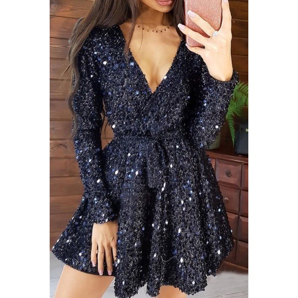 Black Sequin Deep V Long Sleeve Evening Dress with Waist Tie