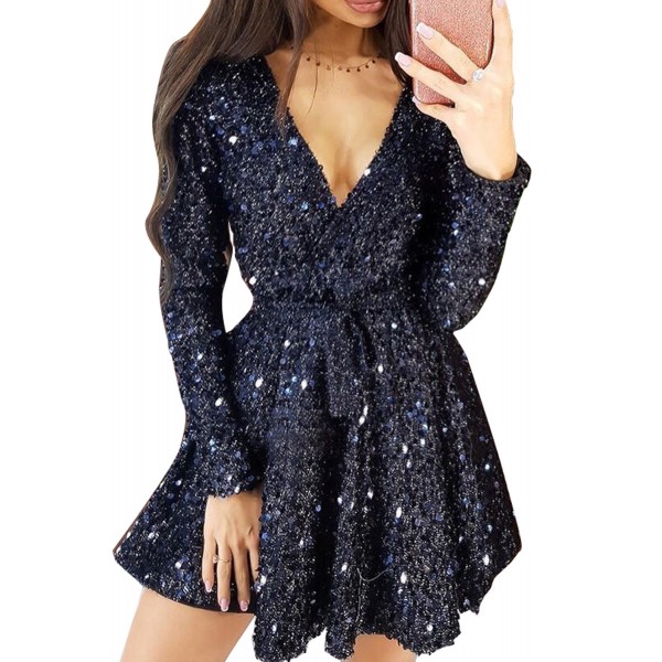 Black Sequin Deep V Long Sleeve Evening Dress with Waist Tie