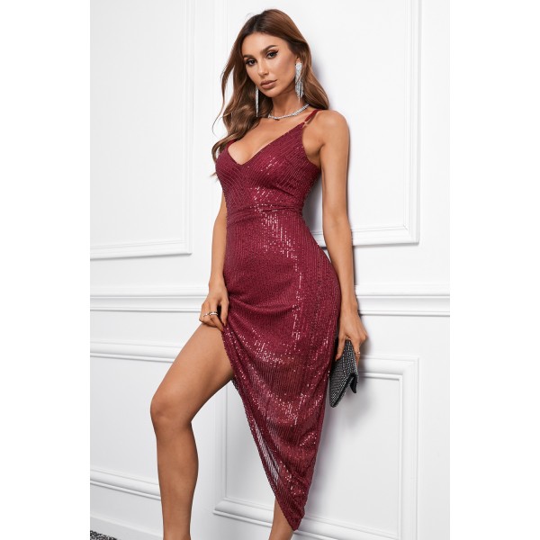 Red V Neck Bodycon Sequin Dress