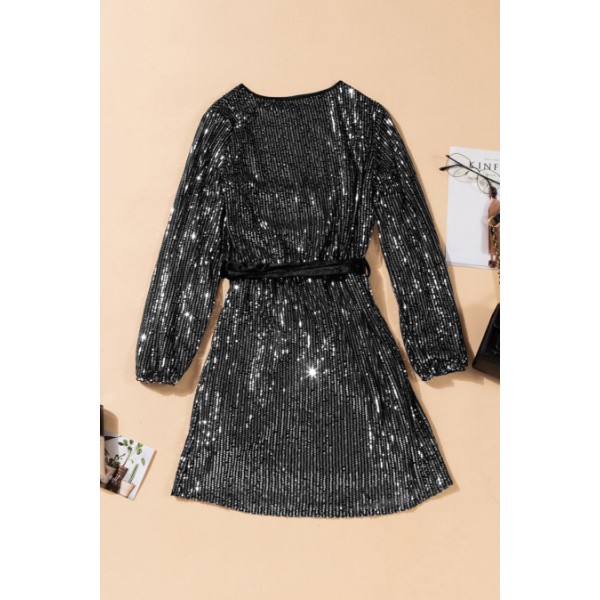 Silvery Loose Long Sleeve Sequin Dress with Sash