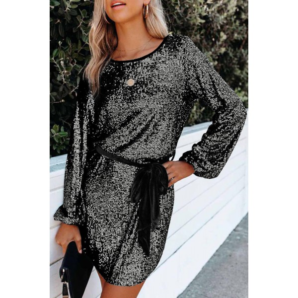 Silvery Loose Long Sleeve Sequin Dress with Sash
