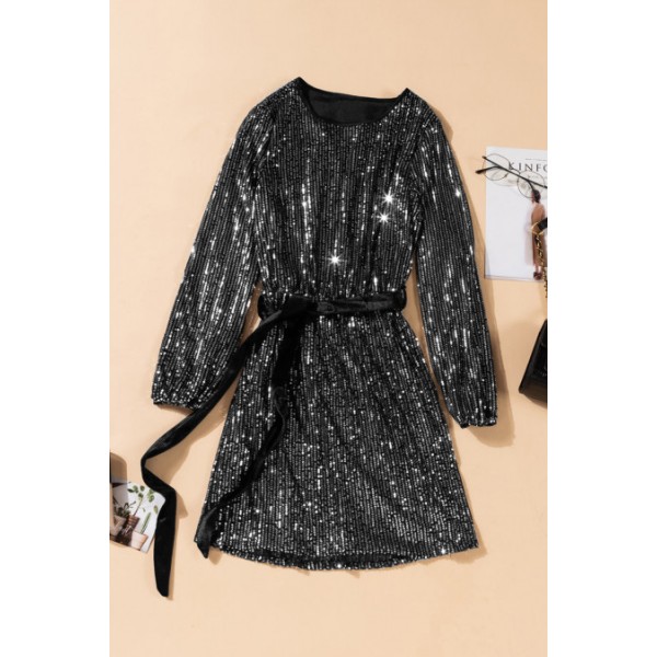 Silvery Loose Long Sleeve Sequin Dress with Sash