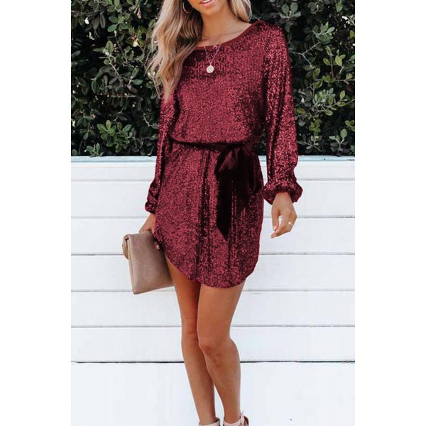 Wine Red Loose Long Sleeve Sequin Dress with Sash